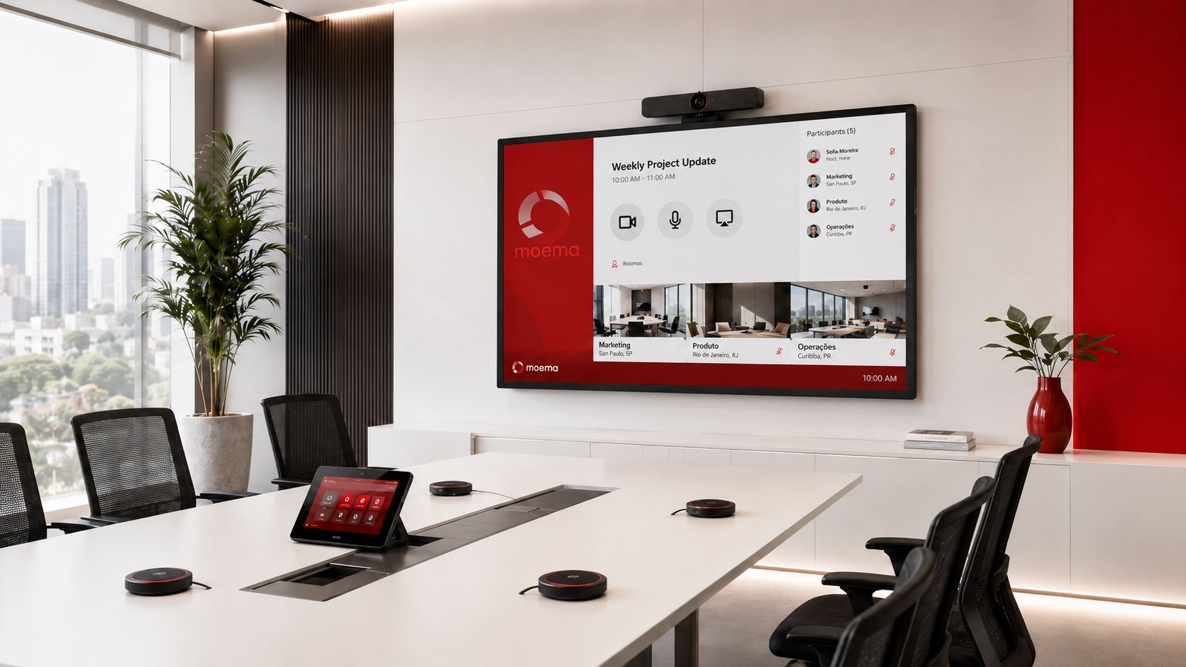 Sala de videoconferência Moema com tela, câmera e controle de reunião