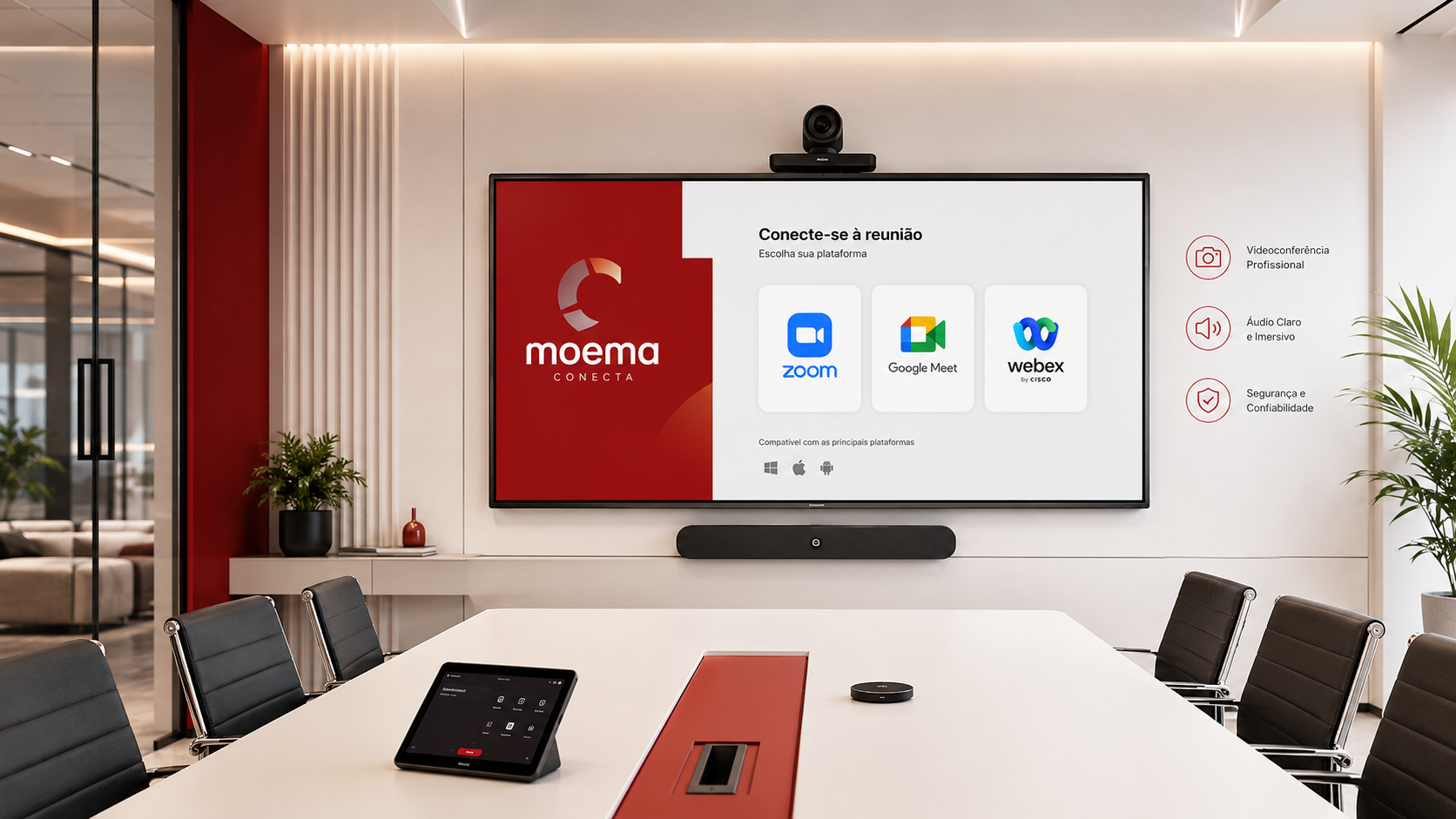 Sala compatível com Zoom, Meet e Webex
